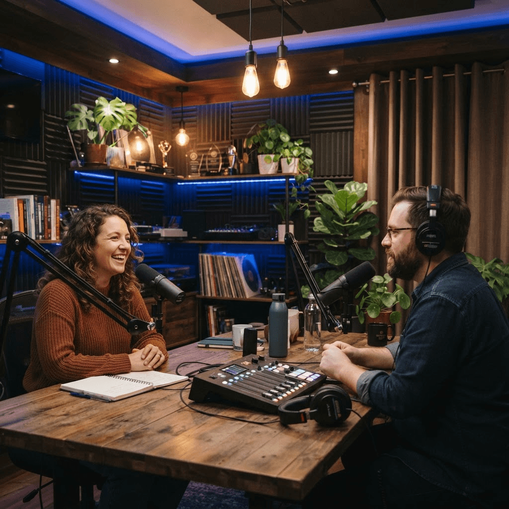 Podcast recording studio with microphones