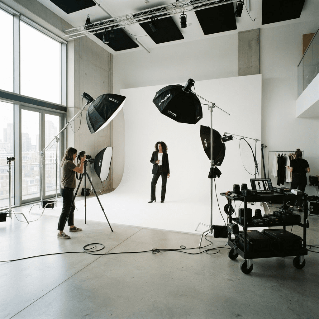 Photography studio with a white cyclorama backdrop